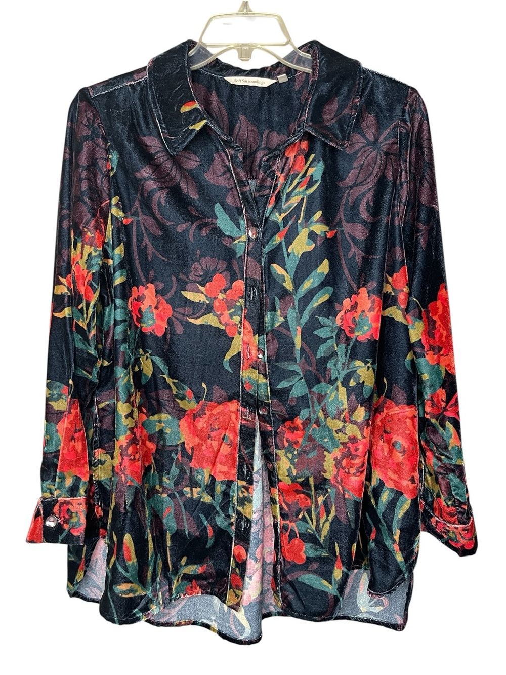 Soft Surroundings Black Floral Button-Front Velvet Blouse Sz 1X